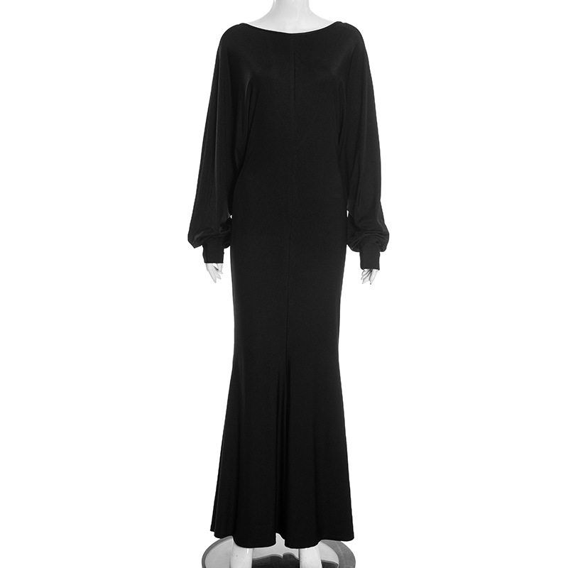 

Y25Ds458 European and American Women s Clothing Autumn and Winter New Style Solid Color Elegant Casual Long-Sleeved Deep V Backless Loose Long Dress Black M