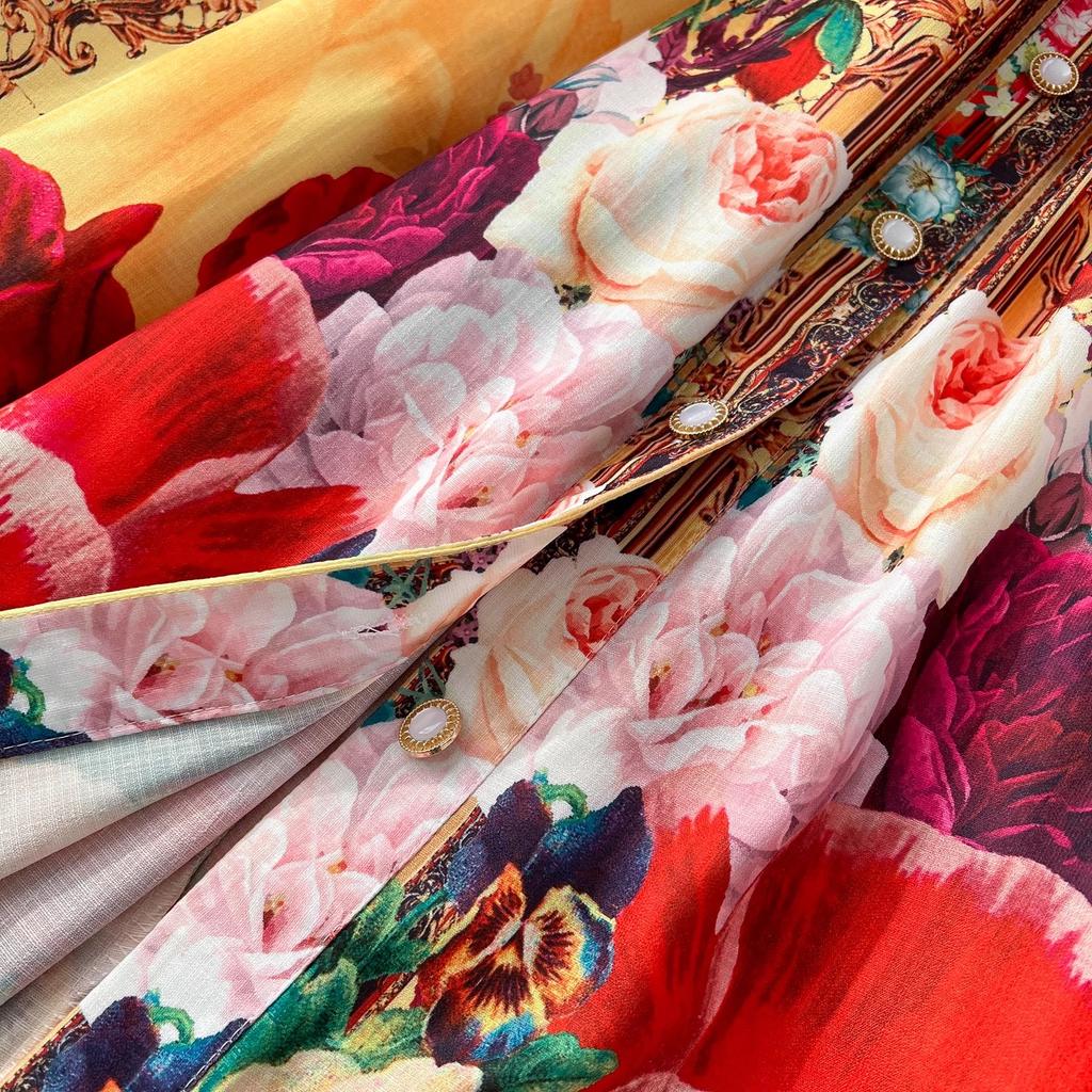 Jaro Léto Luxusní Květinové Boho Bohémské Šaty Ženy Vykrojený Oblek Jednořadé Krátký Rukáv Maxi Dlouhé Společenské Šaty