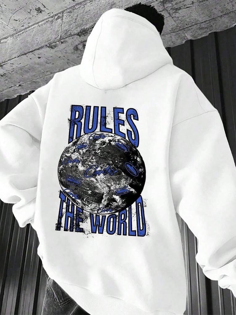 Men's Hoodie Rules The World Graphic Sweatshirt,With Drawstring, Streetwear,Cool Earth Graphic on Back & Chest