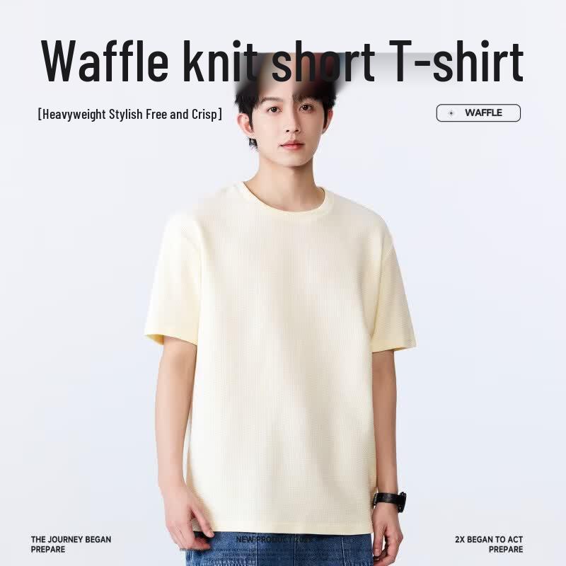 MINISO Men's 220G Waffle Knit Loose Fit Round Neck Short Sleeve T-Shirt