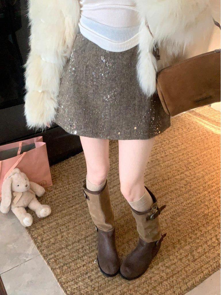 Korean Style Woolen Plaid Heavy Beaded High Waist A-line Skirt Pants for Women - Winter New Arrival
