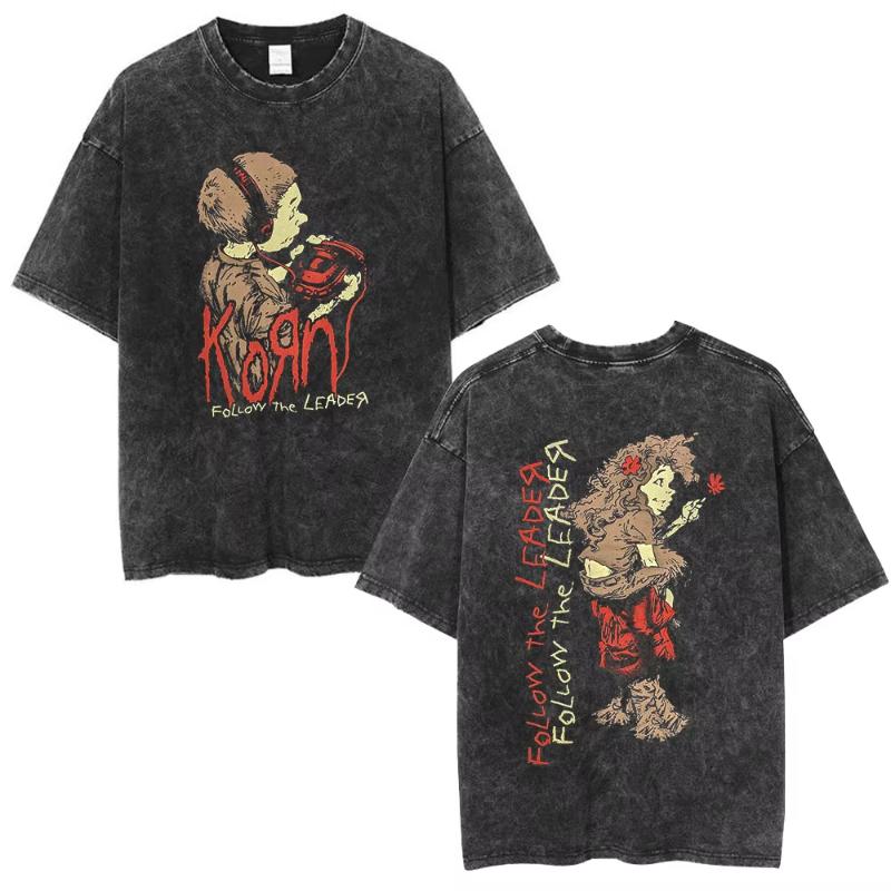 Korn Follow The Leader 20Th Anniversary Washed T Shirt Metal Gothic Rock Band T Shirts Men Vintage Oversized T-shirt Streetwear