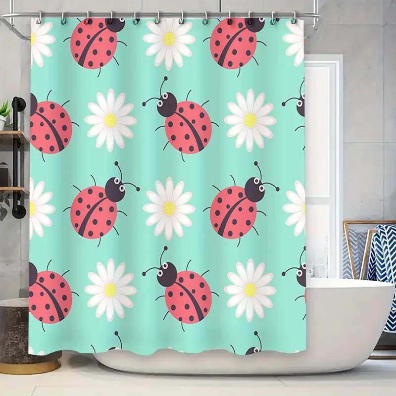 

Vintage Ladybug Daisy Shower Curtain Set For Bath Decor Blue Floral Pattern With Hooks Included W60H190(CM)-1 Pcs