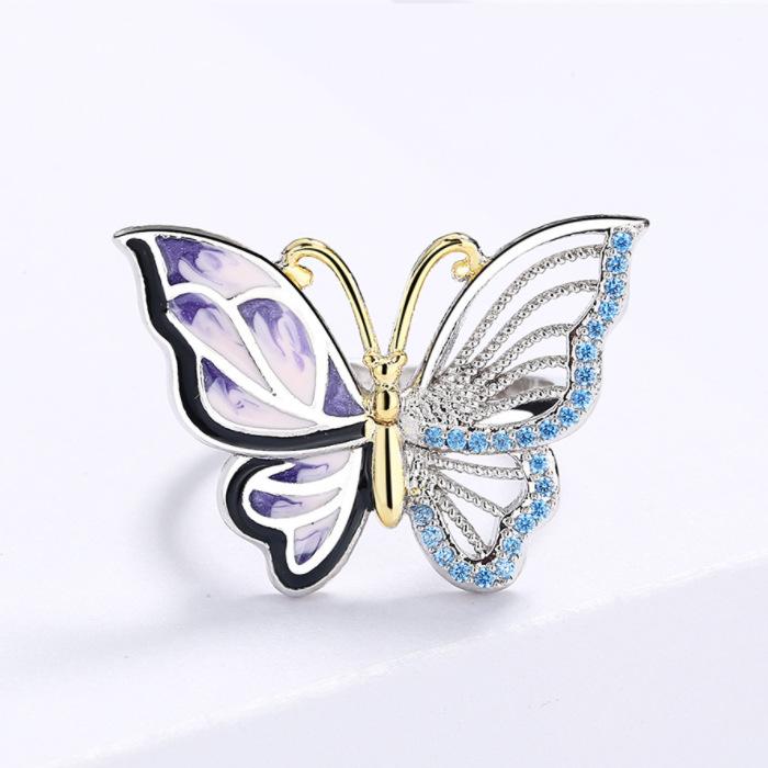 Vintage Court Gold Oil Painting Butterfly Ring Necklace Asymmetrical Stud Earrings Three-Piece Set