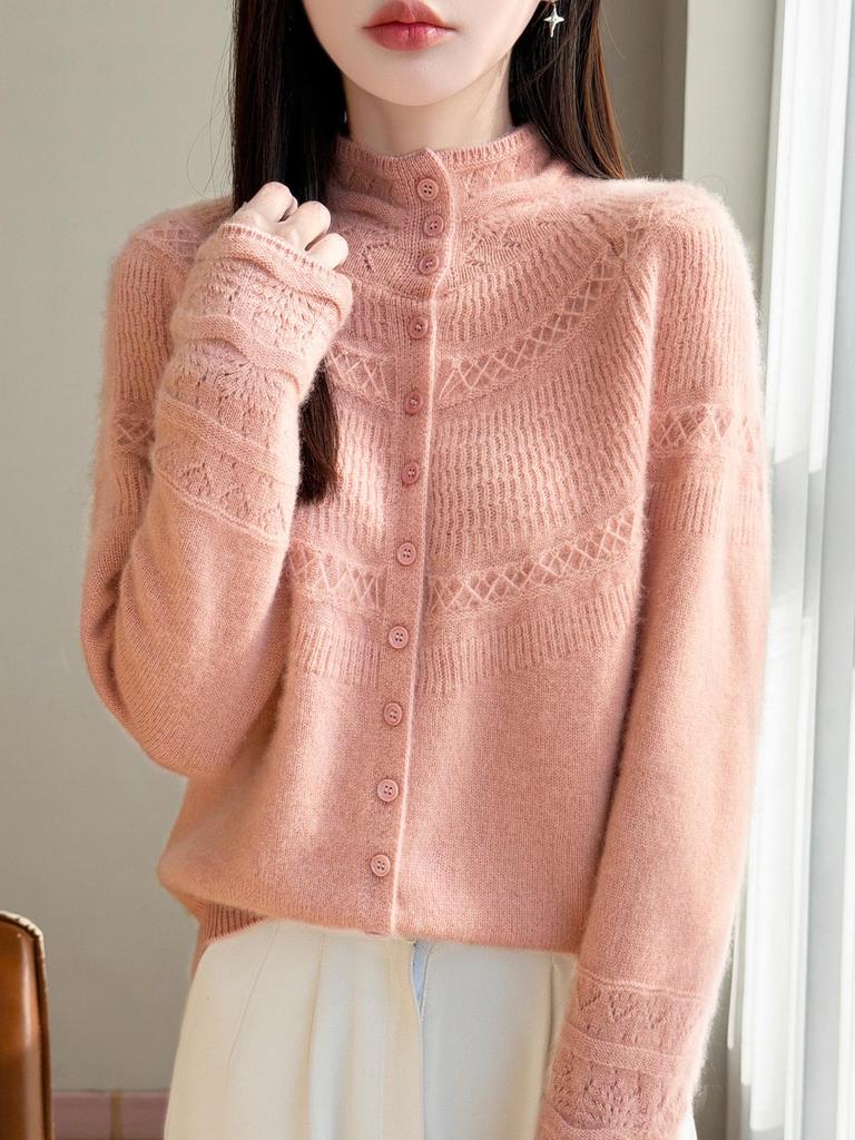 Women's Autumn/Winter 2026 Cashmere Thick Knit Cardigan Sweater with Half-High Neck
