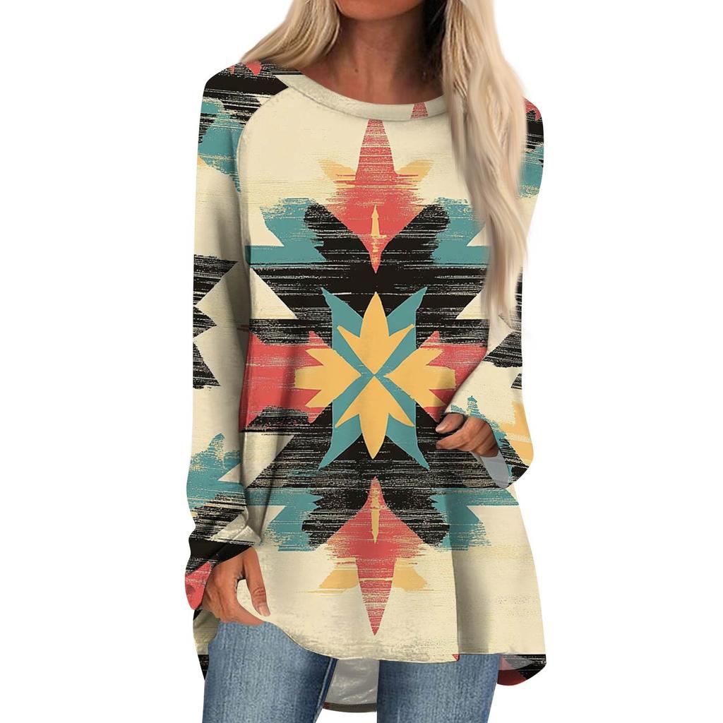 Women's Fashion Casual Long Sleeve  Print Round Neck Pullover Top Blouse