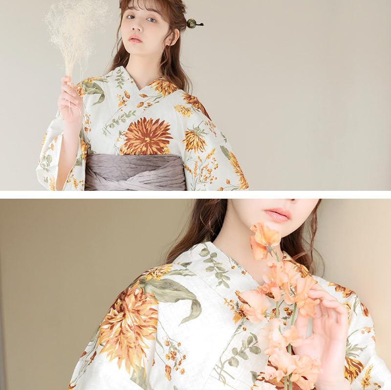(Dita) Women's Yukata 5-Piece Set, Orange, Yellow, Brown, Floral, Antique, Vintage, Natural, Easy to Wear by One Person (Antique Swag, FREE (Free