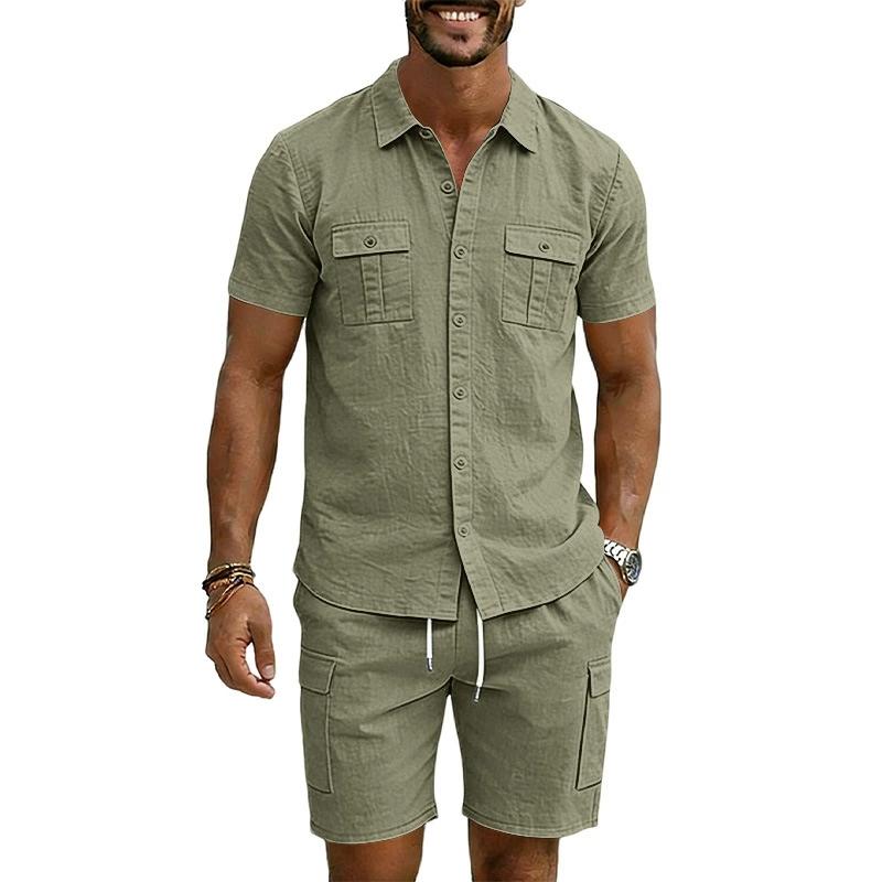 Casual Solid Color Linen Two Piece Sets Mens 2026 Spring Summer Fashion Short Sleeve Shirts and Shorts Outfits Men Linen Suits
