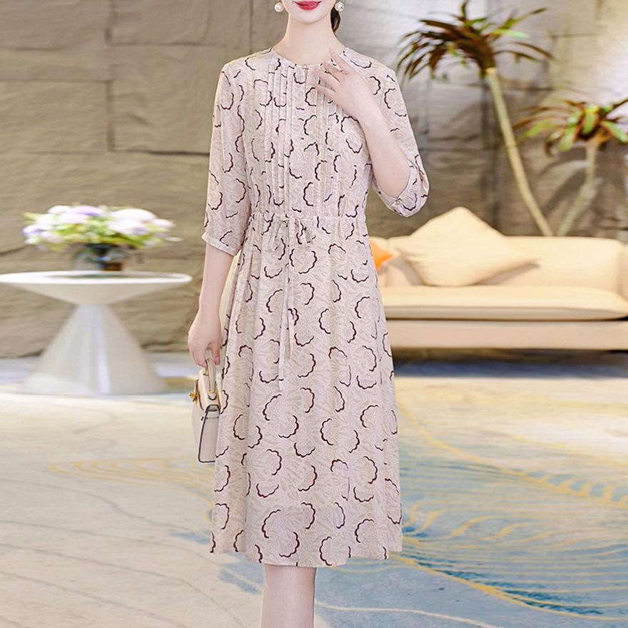 Double Crepe Silk Dress Women's Summer New Age-reducing Round Neck Tie Slim Mulberry Silk A-shaped Skirt