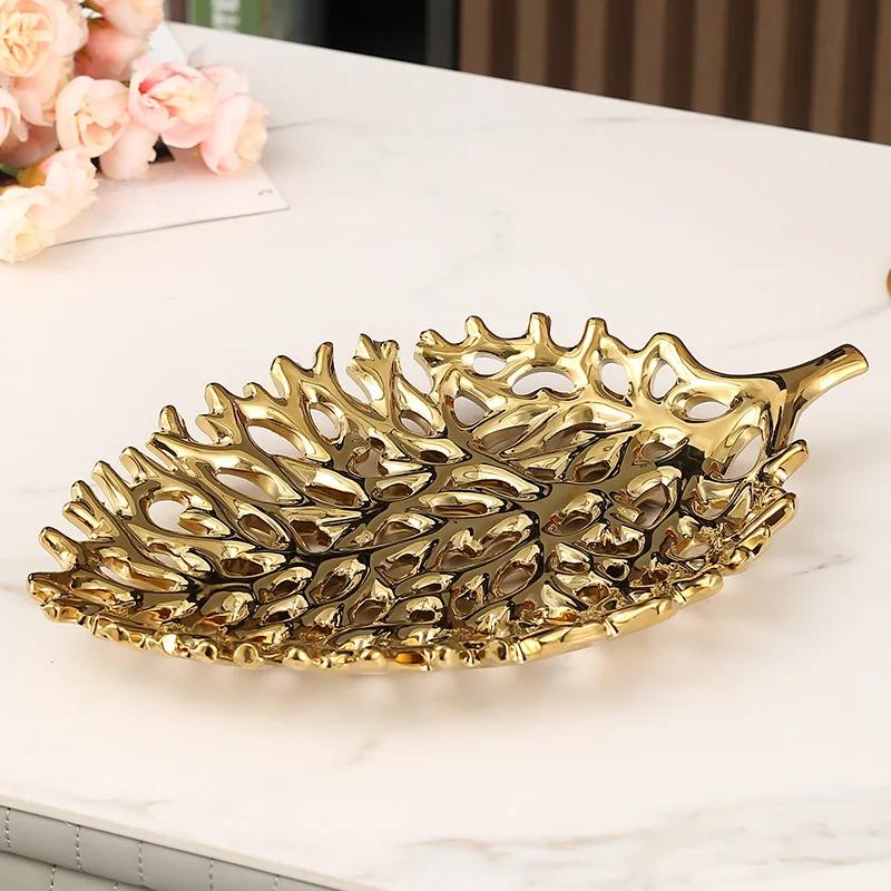 Perforowana Ceramiczna Taca na Owoce Złota Taca z Liśćmi Pojemnik do Przechowywania na Biurko Taca Liściasta Tacka do Przechowywania Akcesoria do Dekoracji Domu