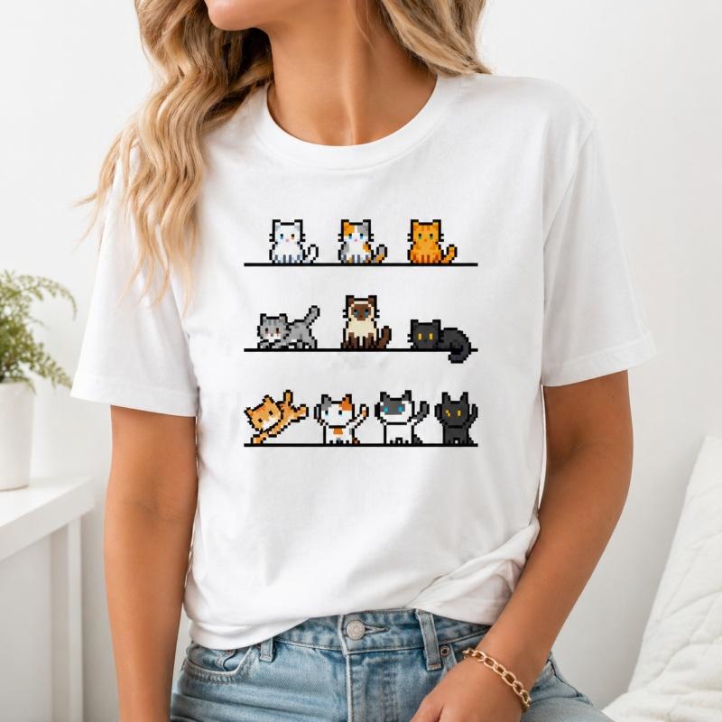 Retro Pixel Cats Collection Graphic T Shirt Unisex Women Casual Short Sleeve Cotton Oneck Tees Cute Kitten Lover Casual Tops
