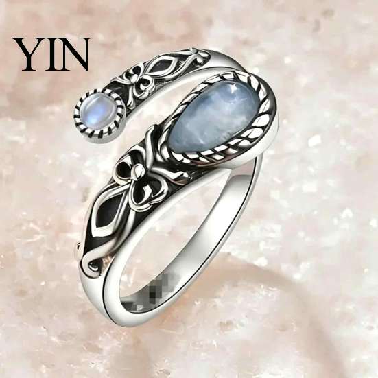 Couple Open Ring Vintage Faux Moonstone Ring, Waterdrop Fake Gemstone Adjustable Women Healing Stone Band Jewelry for Couple,