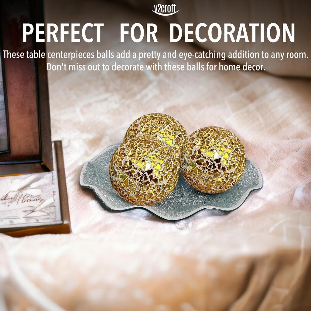 2.4 in Decorative Orbs Glass Balls Set of 6,Mosaic Sphere Globe for Whole Housewares,Wedding/Birthday,Bowls,Vases Dining Table Centerpieces (Gold)