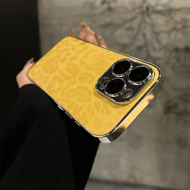 Applicable To Apple IPhone16Promax Leather Electroplating Full Inclusive Mobile Phone Case 15P Leopard Print Ins Comes with Lens Film