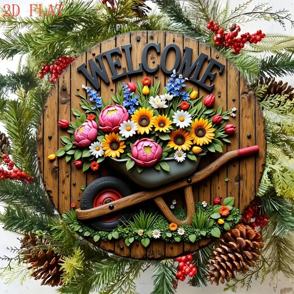 8 Inch Round Aluminum Welcome Sign, Floral Wheelbarrow Art for Home Wall Decor