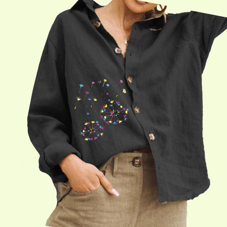 Women Fashion Flower Print Shirt Ladies Casual Button Down Blouse Cotton Linen Long Sleeved Top