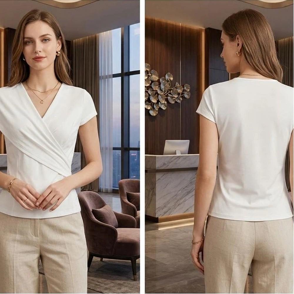 Short Sleeve V-Neck Wrap Top Summer Ladies' Shirt Simple Pullovers T-shirt Business Casual