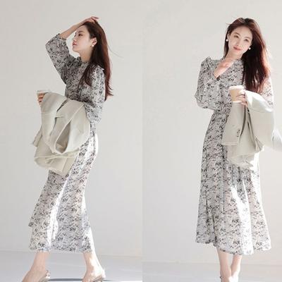 Fashionable Ink Painting Bubble Sleeve Maxi Dress for Women Spring