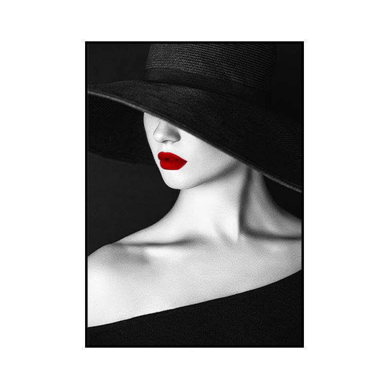 Modern Black and White Sexy Smoking Women with Red Lip Hat Canvas Painting Wall Art Pictures for Living Room Cuadros Home Decor