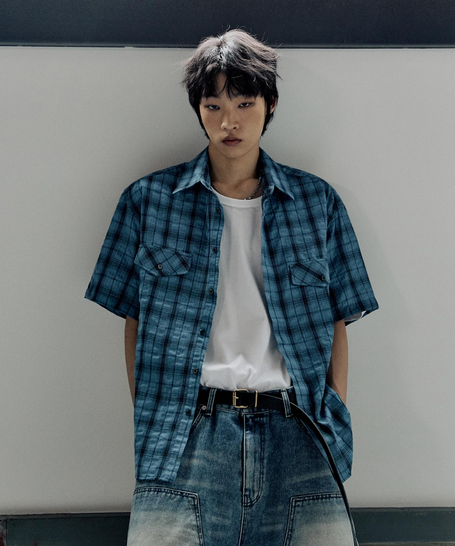 Pino Vintage Wrinkle Semi-Over Check Shirt - Blue Blue/L