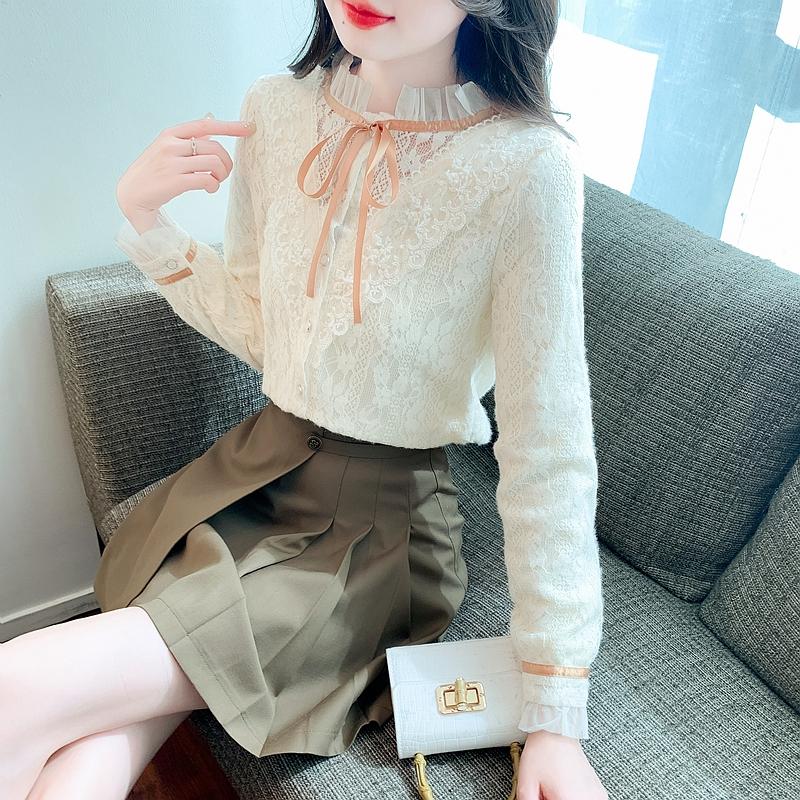 New 2024 Fashion Winter Long Sleeve Lace Up Ruffled Collar Slim Ruffles Velvet Lace Blouse Shirt Women Tops Blouses Shirts J799