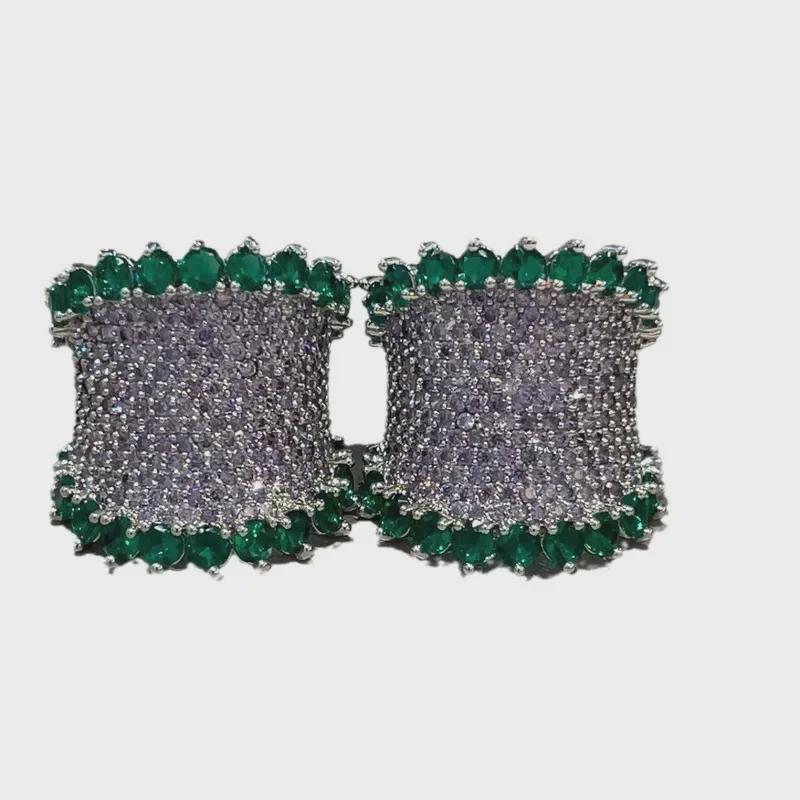 Elegant Heavy-Duty Colored Gemstone Earrings with 925 Silver Needle - Purple and Green Arched Design