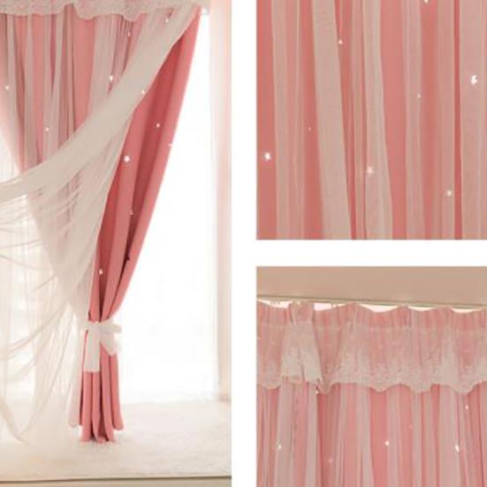 2PCS Finished Curtain Princess Style Ins Blackout Bedroom Hook Curtain Hollow Out Star Cloth Gauze Bay Window Curtain