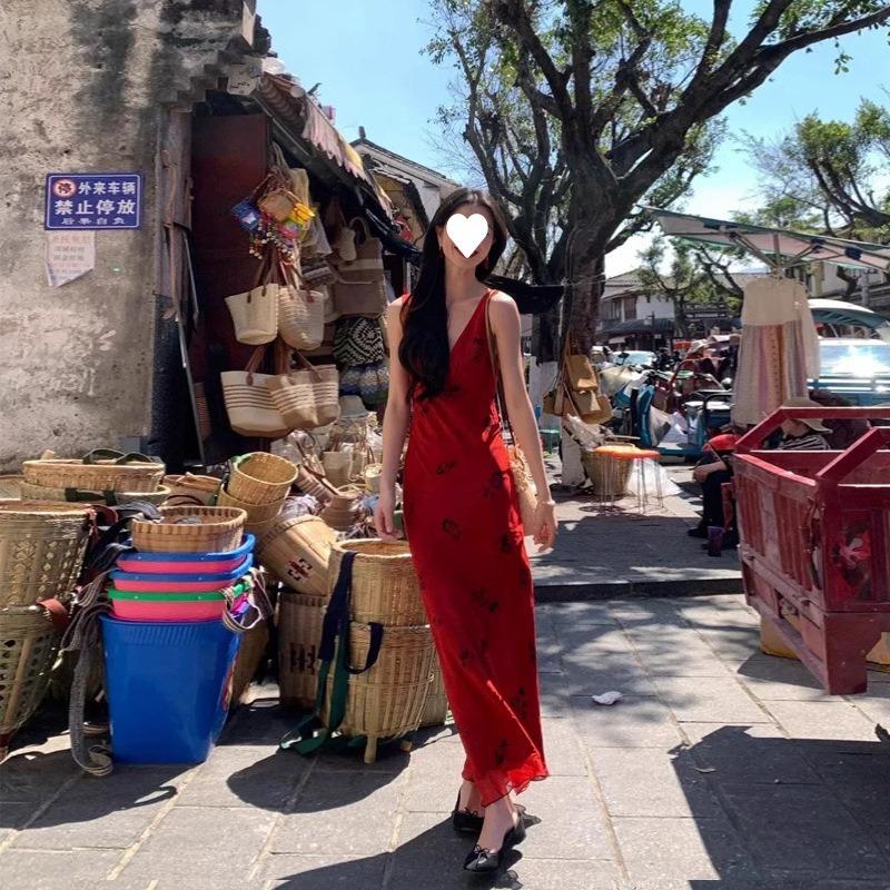 French Retro Printing Red Suspender Floral Collar Dress Women's Summer High-end Royal Sister Waist Dress