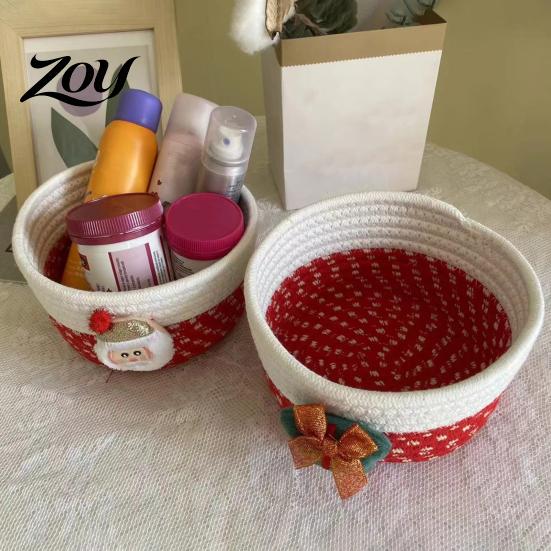 Durable Woven Bins Cotton Rope Storage Basket, Cute Christmas Theme Organizer, Handmade Bowls Decorative Fabric Bin for Snacks And Sundries