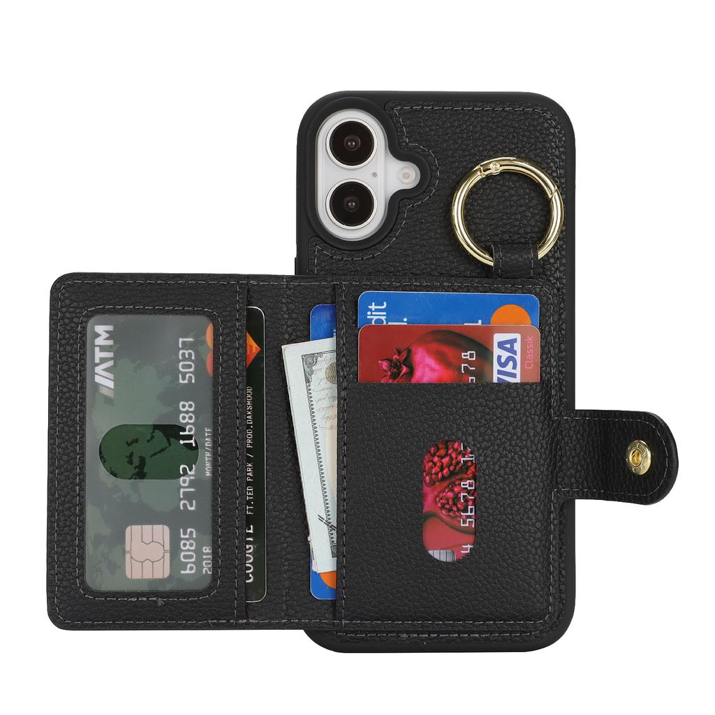 Für iPhone 16 Plus Hülle Litschi-texturiertes PU-Leder+TPU Ständer Handyhülle mit Kartenfach