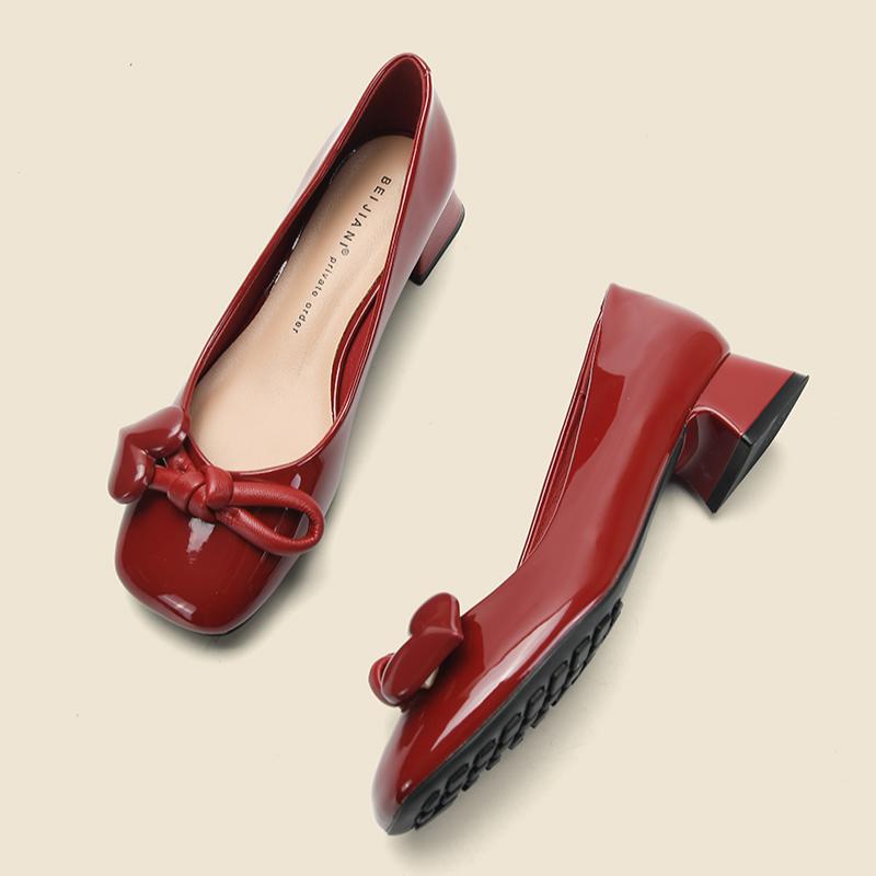 

Fashion 2024women s Single Shoes with Heel New Fashion Solid Color PU Surface Flat Heel Women s Shoes Square Head with Heel Single Shoes 35 вино красного