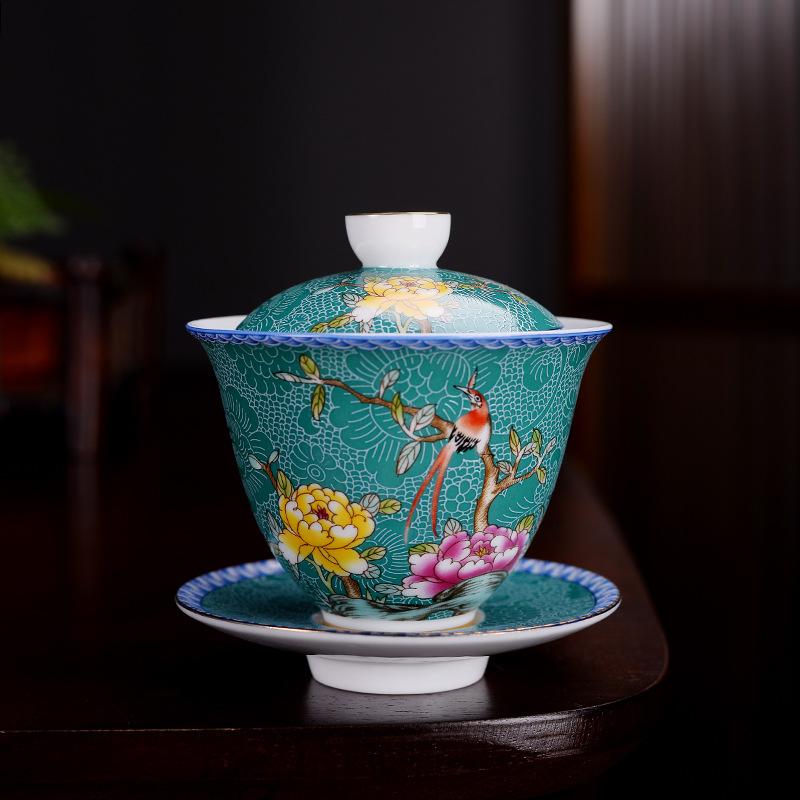 HMLOVE Color Enamel Sancai Gaiwan White Porcelain Cover Bowl Lid Saucer Kung Fu Tea Sets Handmade Tureen Travel Teaware Gift