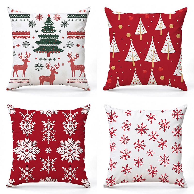 Christmas Tree Deer Snowflake Pattern Pillows Square Polyester Pillowcase, Modern Sofa Decorative Cushion Cover