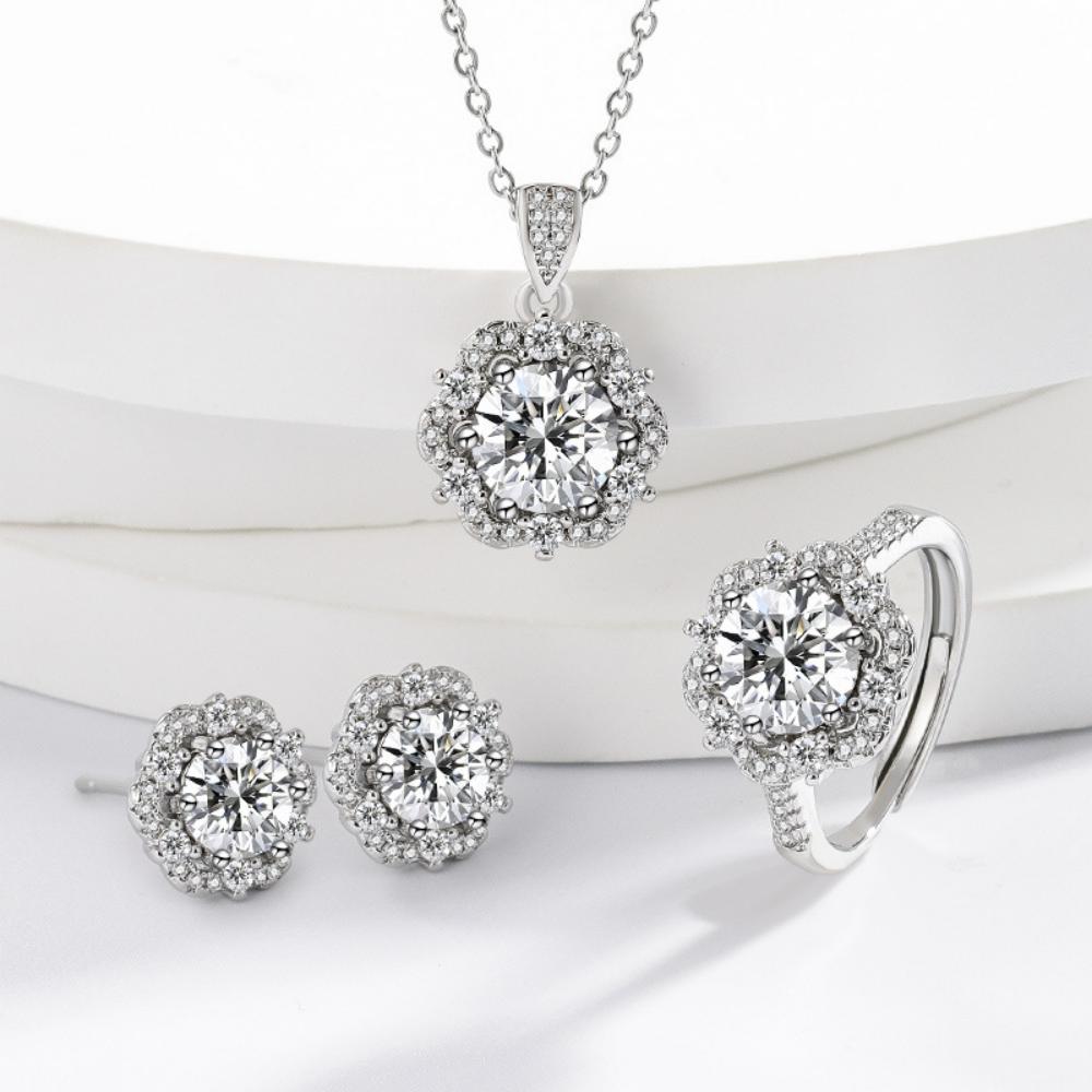 

925 Sterling Silver Jewelry Set Round Zircon Necklace Earrings Ring Women Fashion Simple Birthday Wedding Party Jewelry Gift One size