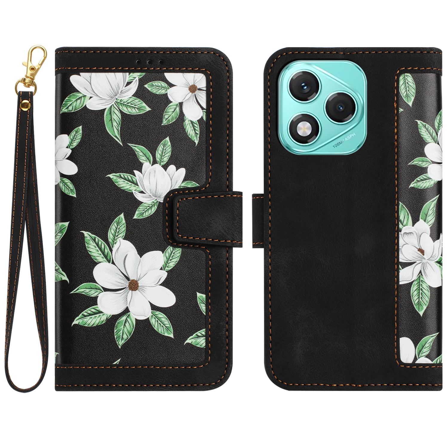 

For Honor 400 Lite 5G Case PU Leather Floral Phone Cover with Card Slots/Wrist Strap Black