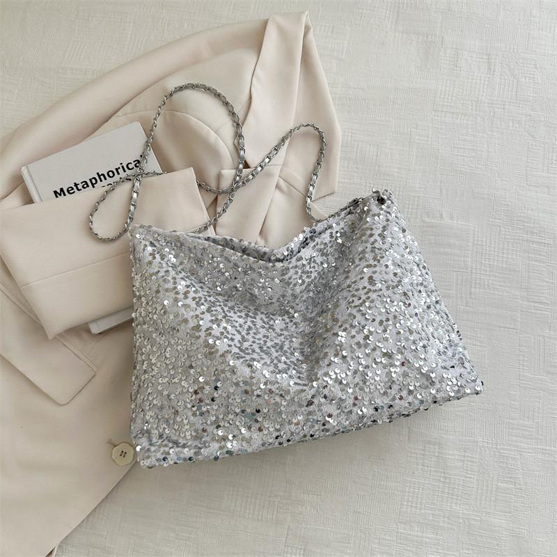 Stylish Korean Style Large Capacity Chic Chain Tote Bag For Women In Black White Silver