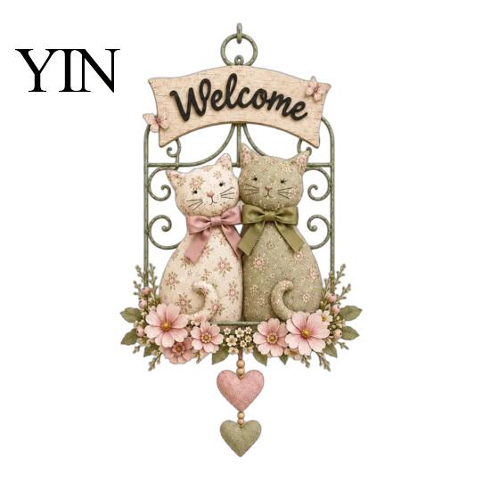 Office Space Hanging Decor Floral Cat Couple Welcome Sign, Wooden Wall Ornament, Pastoral Vintage Style Ornament Art Plaque for Living Room Bedroom &