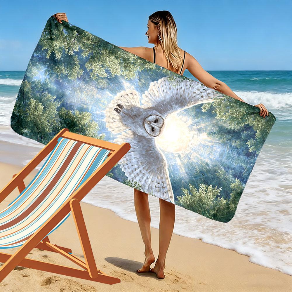 Radiant owl amidst serenity Print beach towel, quick drying, suitable for travel, outdoor sports, jogging, the beach and swimming, gift