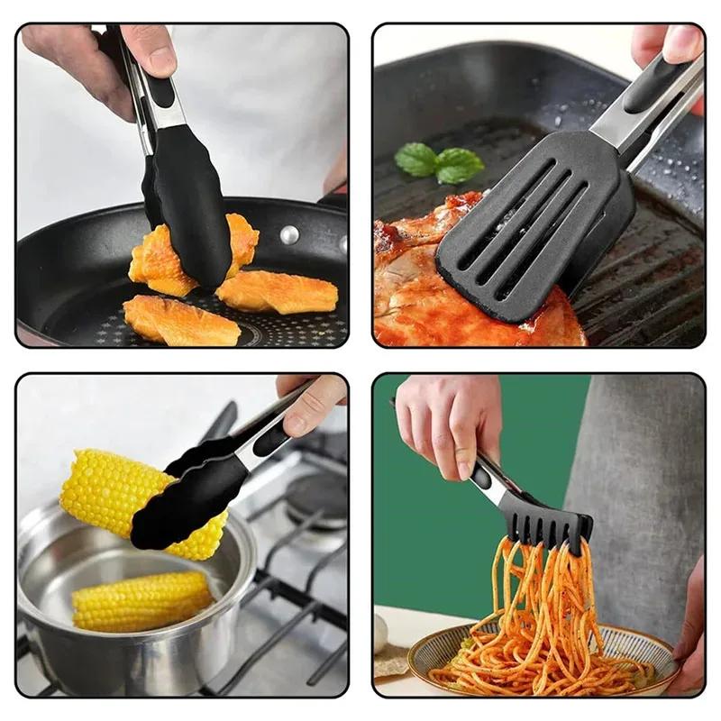 Premium 3-in-1 Silicone Food Tongs - 480°F Heat Resistant Stainless Steel Kitchen Clips for BBQ & Baking