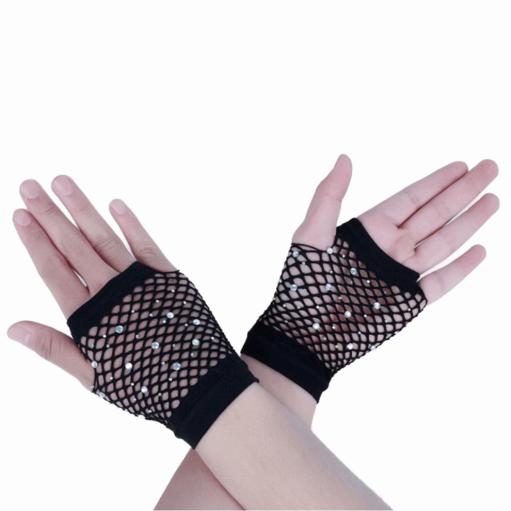 

Shiny Rhinestone Gloves Elastic Mesh Lace Gloves Fashion Long Gloves Fashion Accessory Short Black