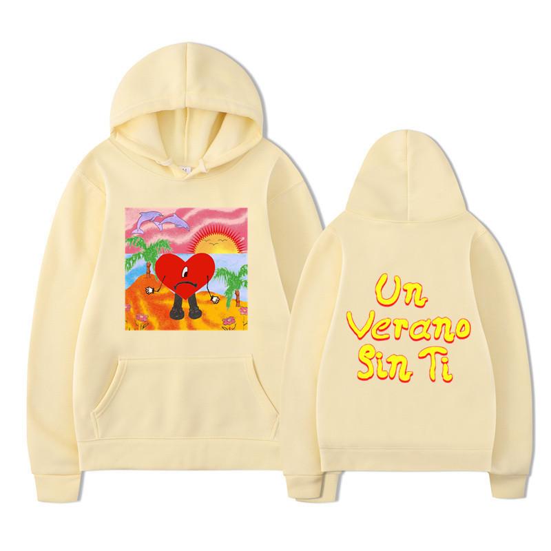 Unisex Black Hoodie Heart Character Tropical Sunset Double Sided Graphic Pullover Sweatshirt Streetwear