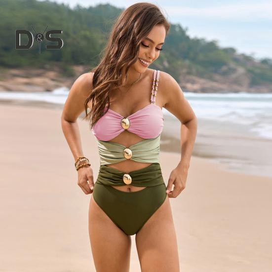 Women Monokini Sling Hollow Design One-piece Swimsuit with Metal Buckles Patchwork Color Sexy Beachwear