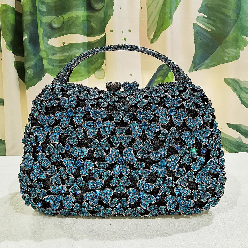 WHTUOHENG Luxury Top-Handle Crystal Evening Bag Blue Rhinestone Flower Handbag Diamond Silver Purse Women's Party Stone Clutch