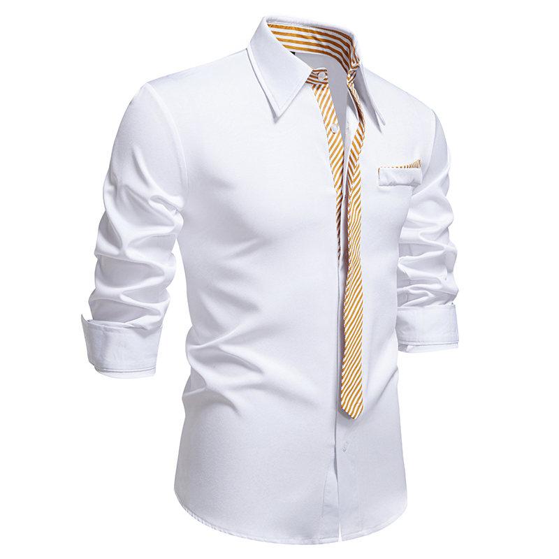 Autumn Men's Fake Tie Long Sleeve Shirt Men New Fashion Special Design Solid Shirts Male Versatile Casual Social Wedding Party