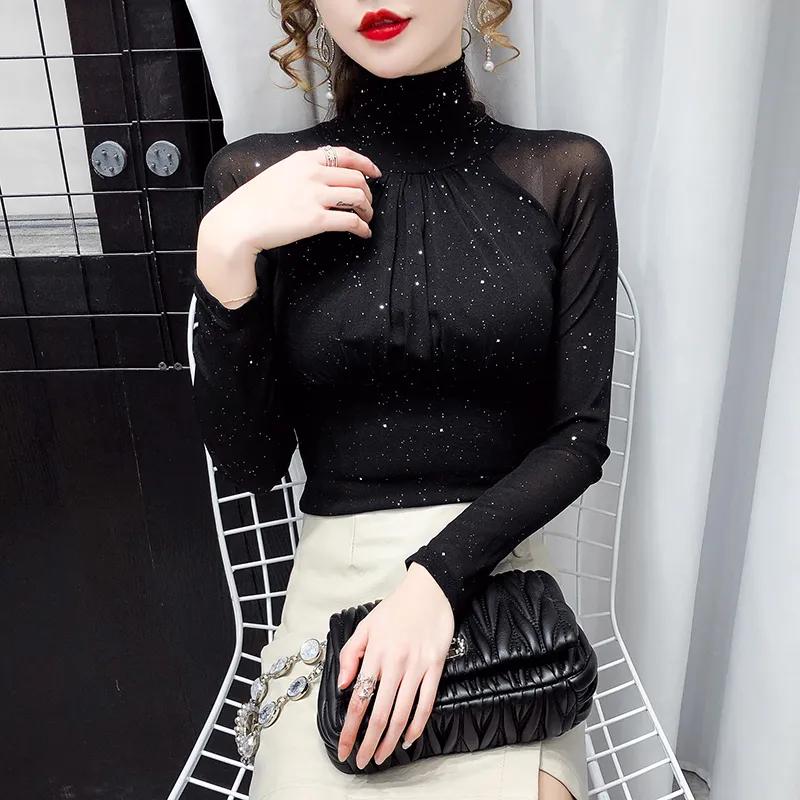 Women s Spring/Fall Chinese-Style Mesh Underlay Top Slim-Fit Mid-High Neck Base Layer Mom s Chiffon Blouse 3XL чёрный