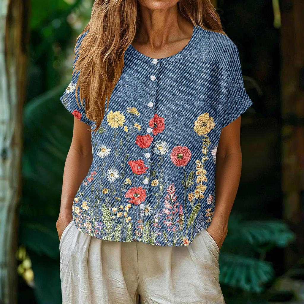 Women's Neck Floral Print Blouse with Single Button Placket