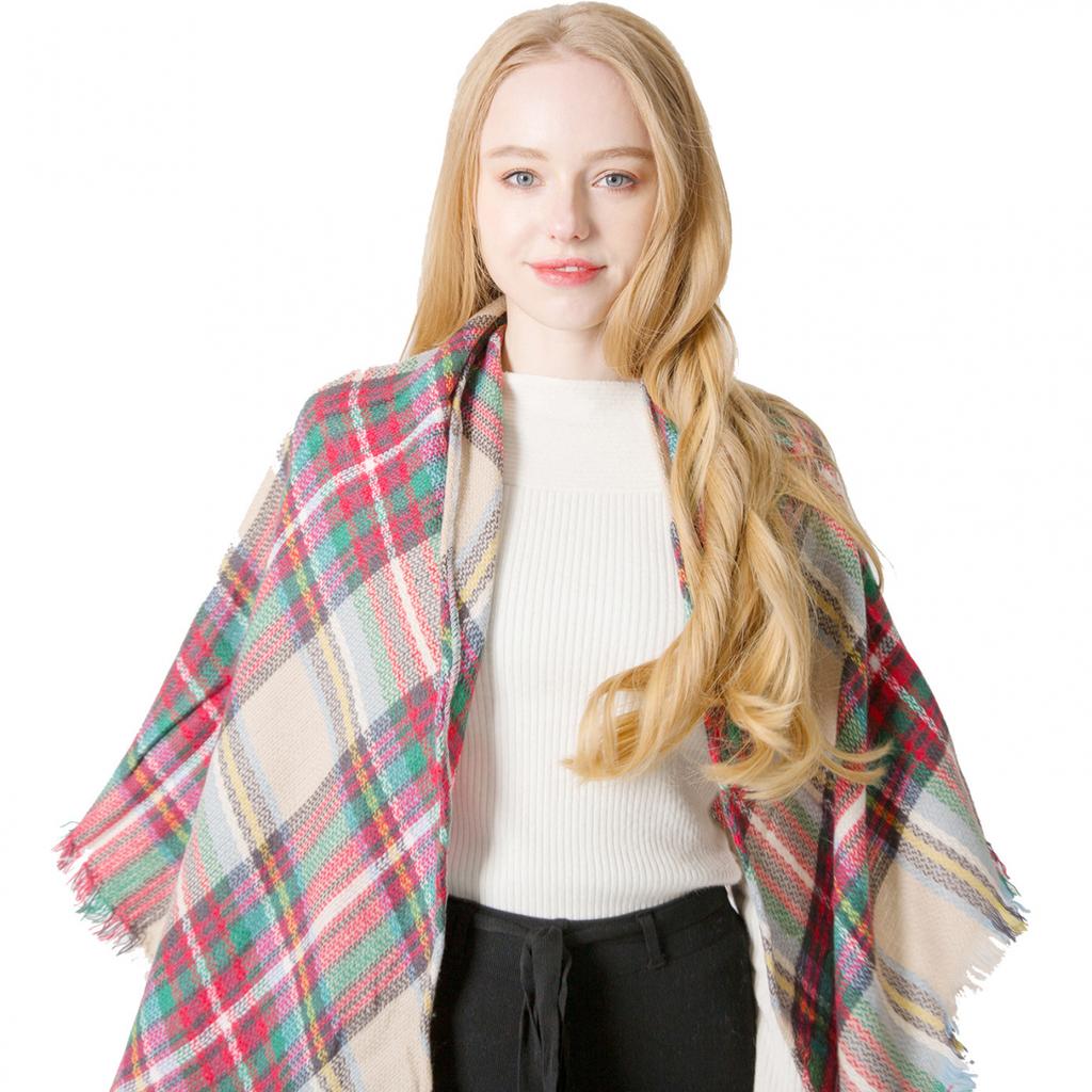 Spring Autumn Winter Imitation Cashmere Double-sided Colorful Plaid Triangle Scarf Women's Neck Shawl