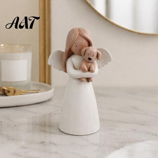 Unique Gifts for Cat Owners Angel Holding Puppy Figurine, Cute Dog Resin Statue Home Heartwarming Pet Keepsake Desk Decor, Handcrafted Wood
