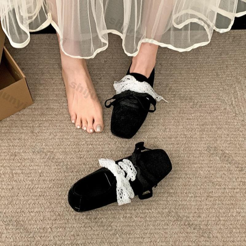 Fashion Women Shoes Fashion Vintage Lightweight Ballet Flat Shoes 2025 Spring New Square Toe Lace Soft Sole Comfortable Mary Jane Shoes