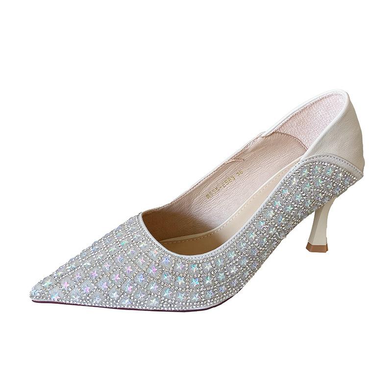 French Xiuhe Wedding Dress Two Wear Crystal Sequined Wedding Shoes Bridal Shoes Pointed Thin Heels Single Shoes High Heels